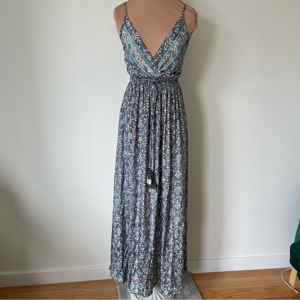PAHIESA FORMENTERA Raw Silk Gray Floral V-Neck Sleeveless Maxi Dress VL2270-25 2